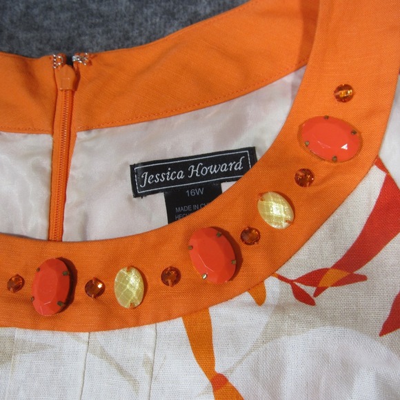 Jessica Howard Linen Shift Dress 16W Orange Floral Halter Beaded Y2k Tropical - Picture 7 of 9